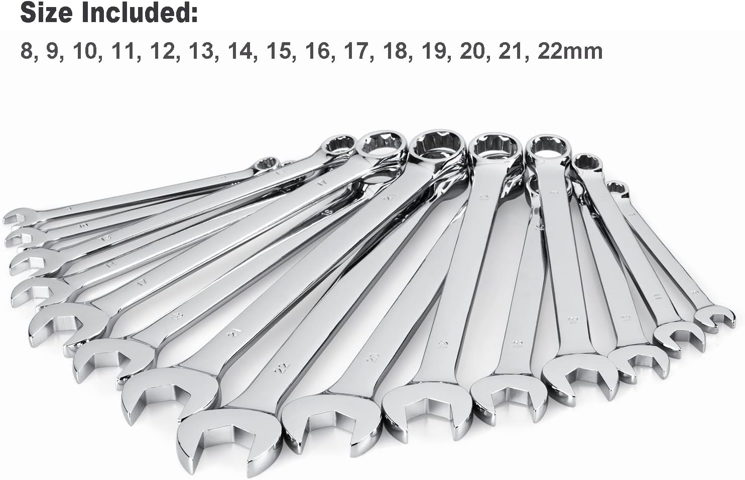 15 Piece Premium Combination Wrench Set, Chrome Vanadium Steel, Long Pattern Design | Include Metric Sizes 8, 9, 10, 11, 12, 13, 14, 15, 16, 17, 18, 19, 20, 21, 22mm with Storage Rack Image 2