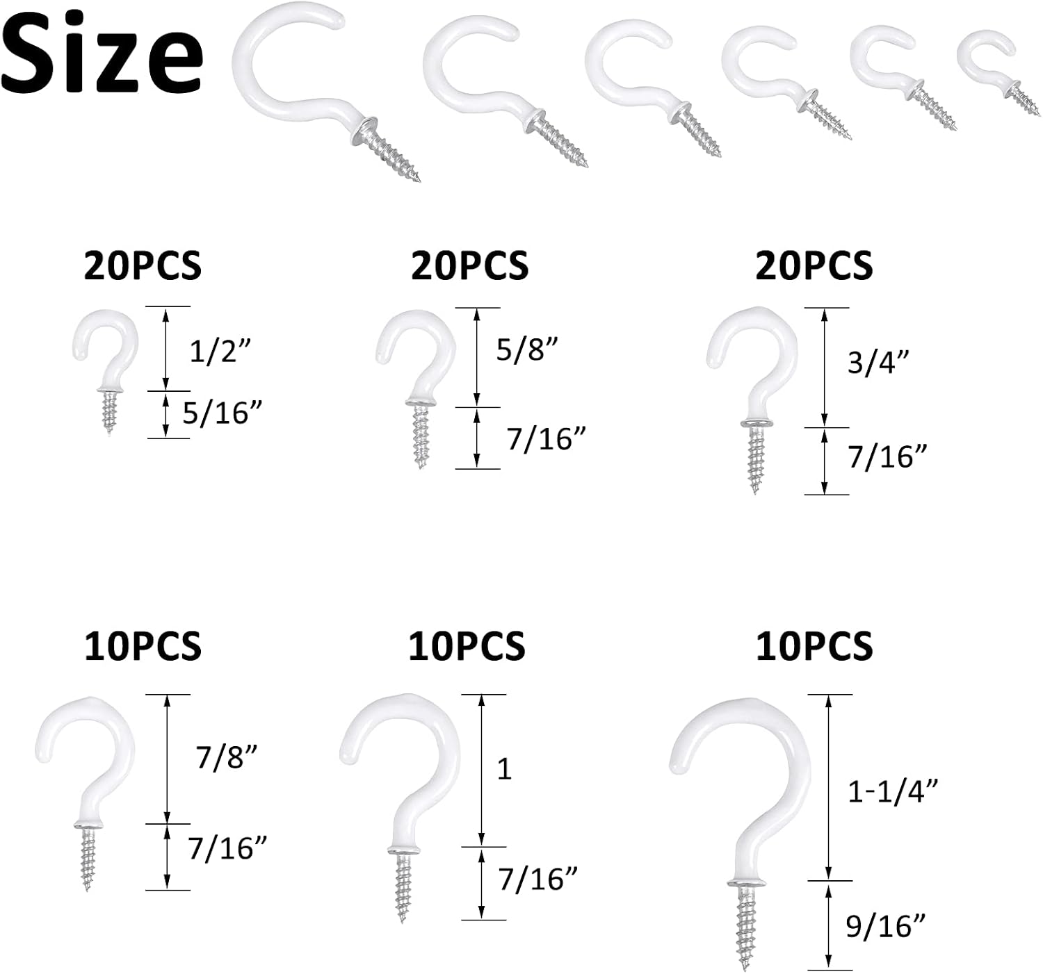 90 Pcs White Ceiling Hooks kit, 6 Sizes Vinyl Coated Screw in Plant, Kitchen, Cup, Ceiling Hooks for Hanging (1/2in, 5/8in,3/4in,7/8in,1'',1 1/4in) Image 2