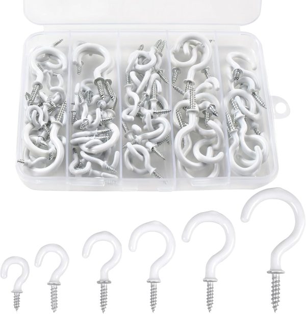 90 Pcs White Ceiling Hooks kit, 6 Sizes Vinyl Coated Screw in Plant, Kitchen, Cup, Ceiling Hooks for Hanging (1/2in, 5/8in,3/4in,7/8in,1'',1 1/4in)