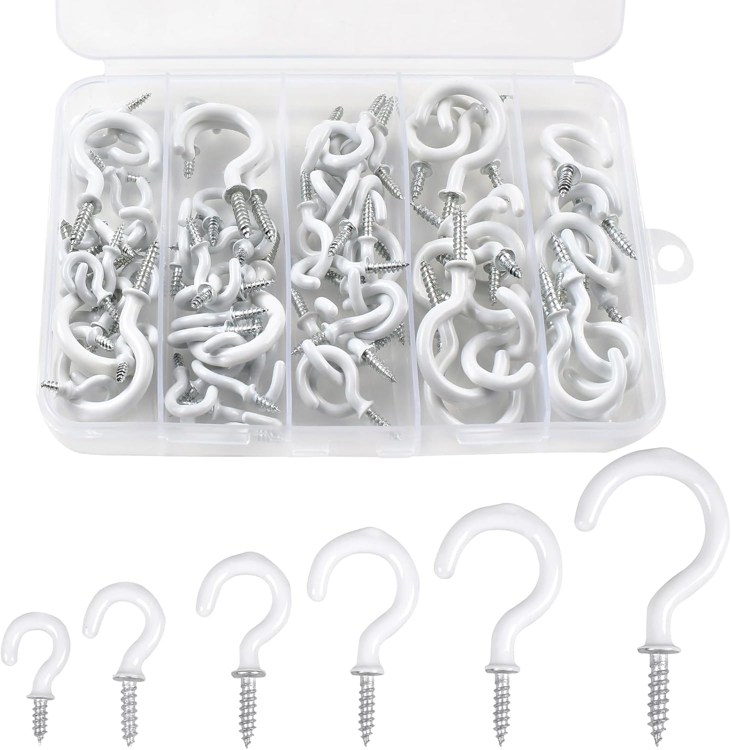 90 Pcs White Ceiling Hooks kit, 6 Sizes Vinyl Coated Screw in Plant, Kitchen, Cup, Ceiling Hooks for Hanging (1/2in, 5/8in,3/4in,7/8in,1'',1 1/4in)
