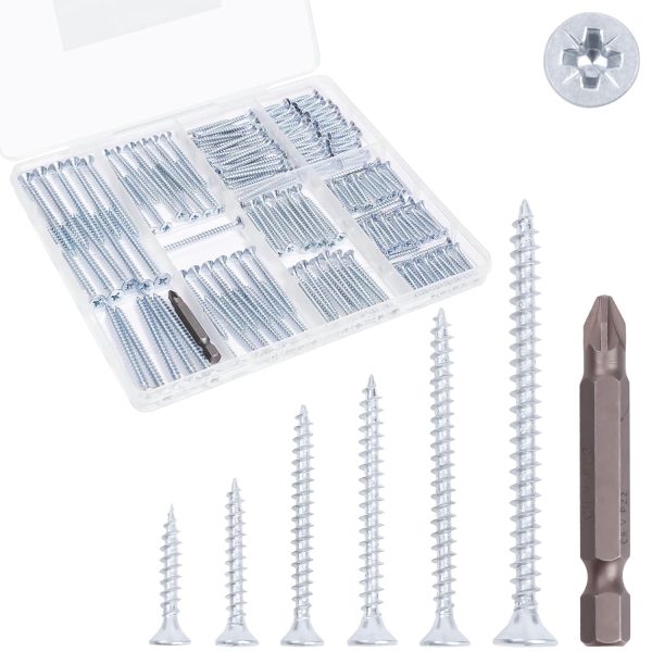 Wood Screws Assortment Kit, Flat Head Screws Set for Wood Drywall, 190 Pcs Sheetrock Screws, 6 Sizes Assorted Screws (3/4”, 1”, 1 1/4”, 1 1/2”, 2”, 2 1/2”), with Organizer Box