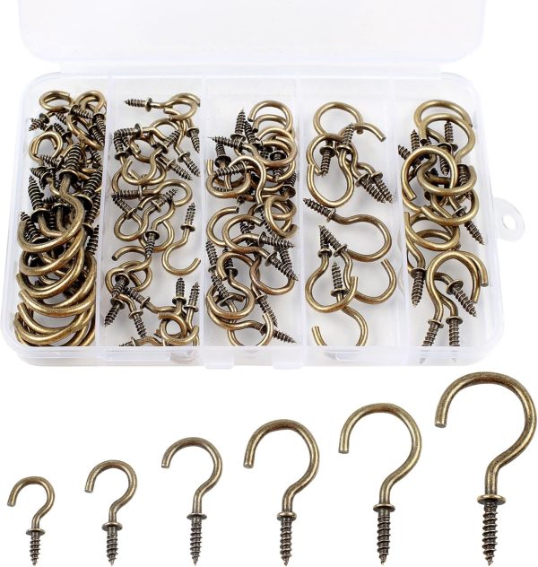 90 Pcs Ceiling Hooks kit, 6 Sizes Screw in Ceiling Hooks, Plant Hooks Kitchen Hooks Cup Hooks Ceiling Hooks for Hanging (1/2", 5/8",3/4",7/8",1'',1 1/4") (Bronze)