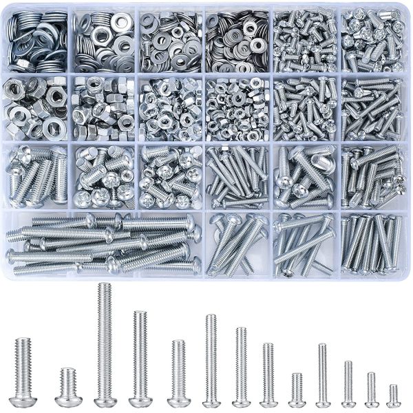 1080 Pcs Screws Bolts and Nuts Assortment Kit, Metric Machine Screws and Nuts and Bolts and Flat Washers, M3/M4/M5/M6 Phillips Slotted Pan Head Hex Bolts and Nuts Sets