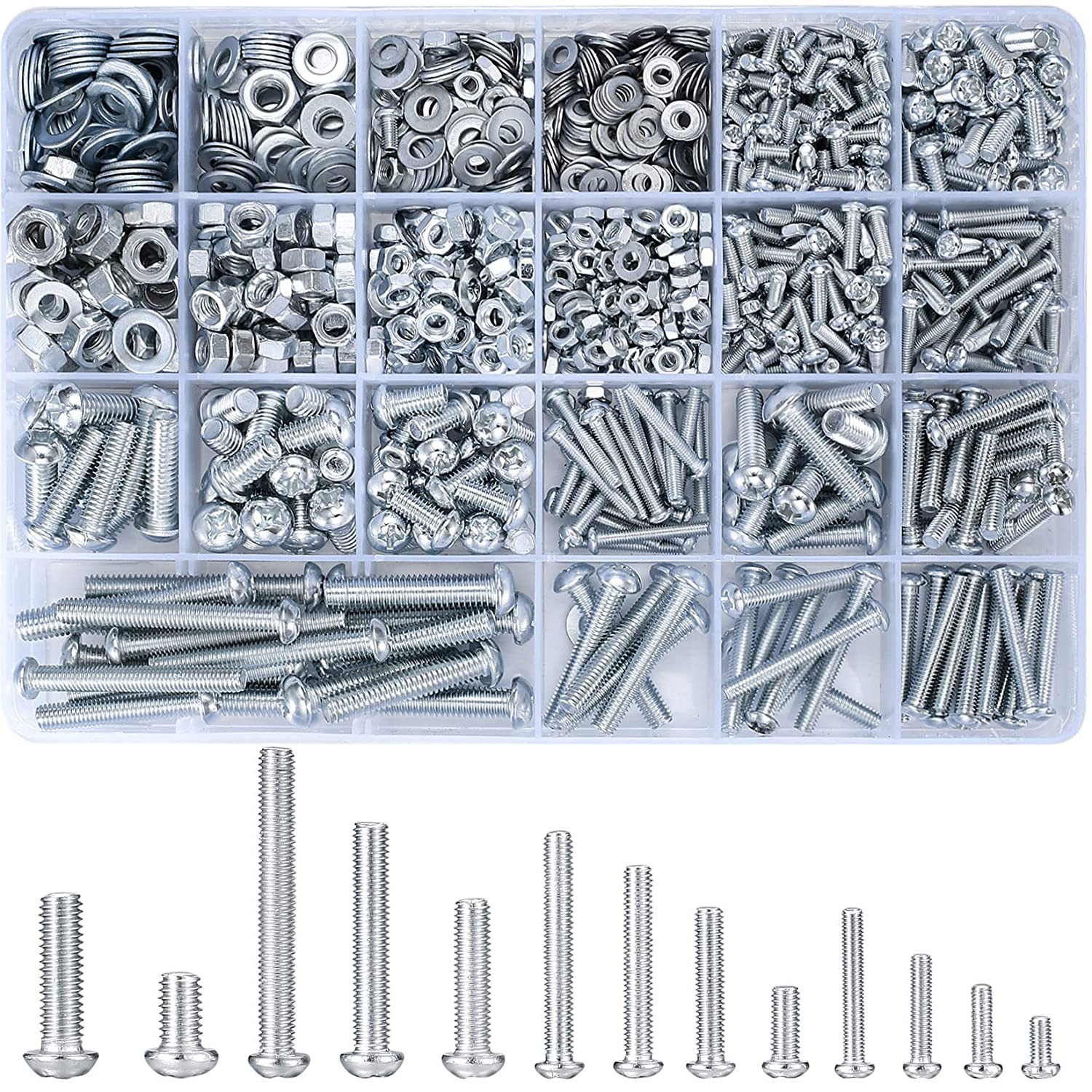 1080 Pcs Screws Bolts and Nuts Assortment Kit, Metric Machine Screws and Nuts and Bolts and Flat Washers, M3/M4/M5/M6 Phillips Slotted Pan Head Hex Bolts and Nuts Sets