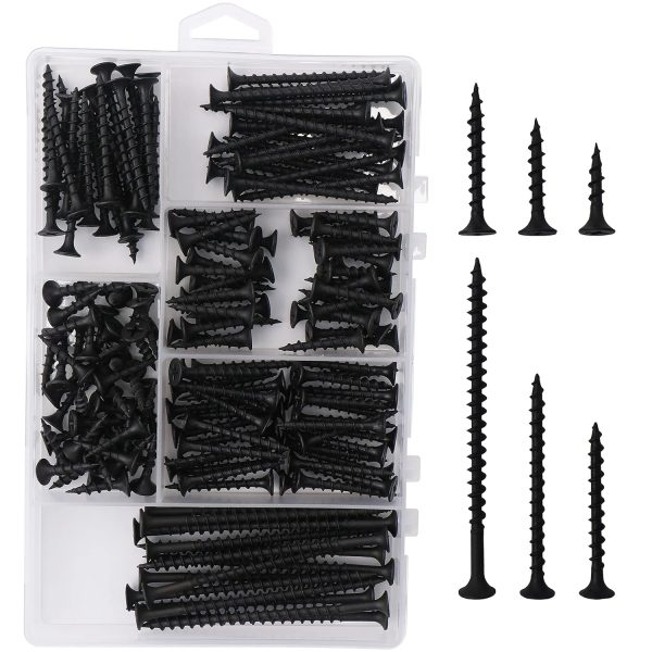 High Hardness Drywall Screws Assortment Kit, 166 pcs, Coarse Thread, Phillips Drive, Black Wood Screws, Screws Assortment, Screws Set, 6 Sizes (3”,2”,1 1/2”,1 1/4”,1”,3/4”)
