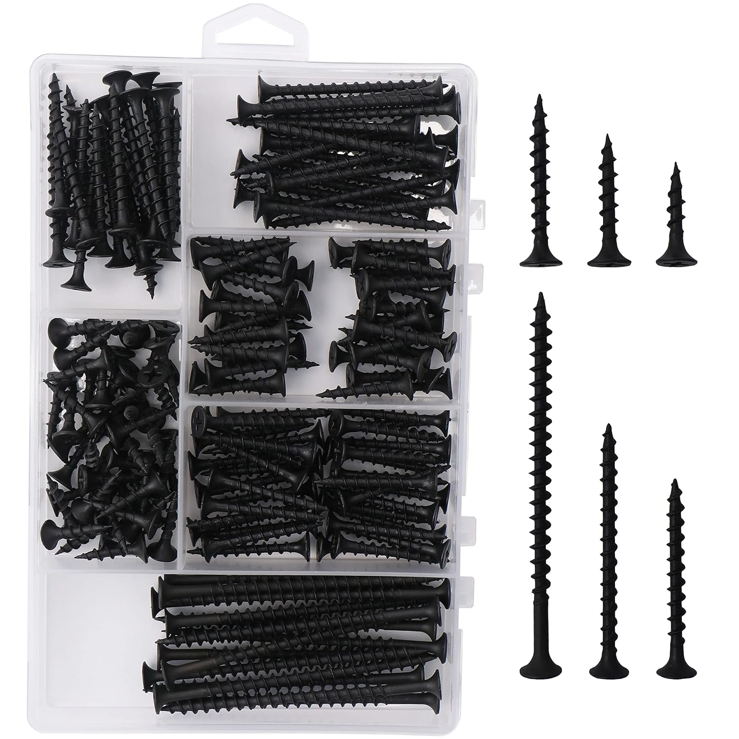 High Hardness Drywall Screws Assortment Kit, 166 pcs, Coarse Thread, Phillips Drive, Black Wood Screws, Screws Assortment, Screws Set, 6 Sizes (3”,2”,1 1/2”,1 1/4”,1”,3/4”)